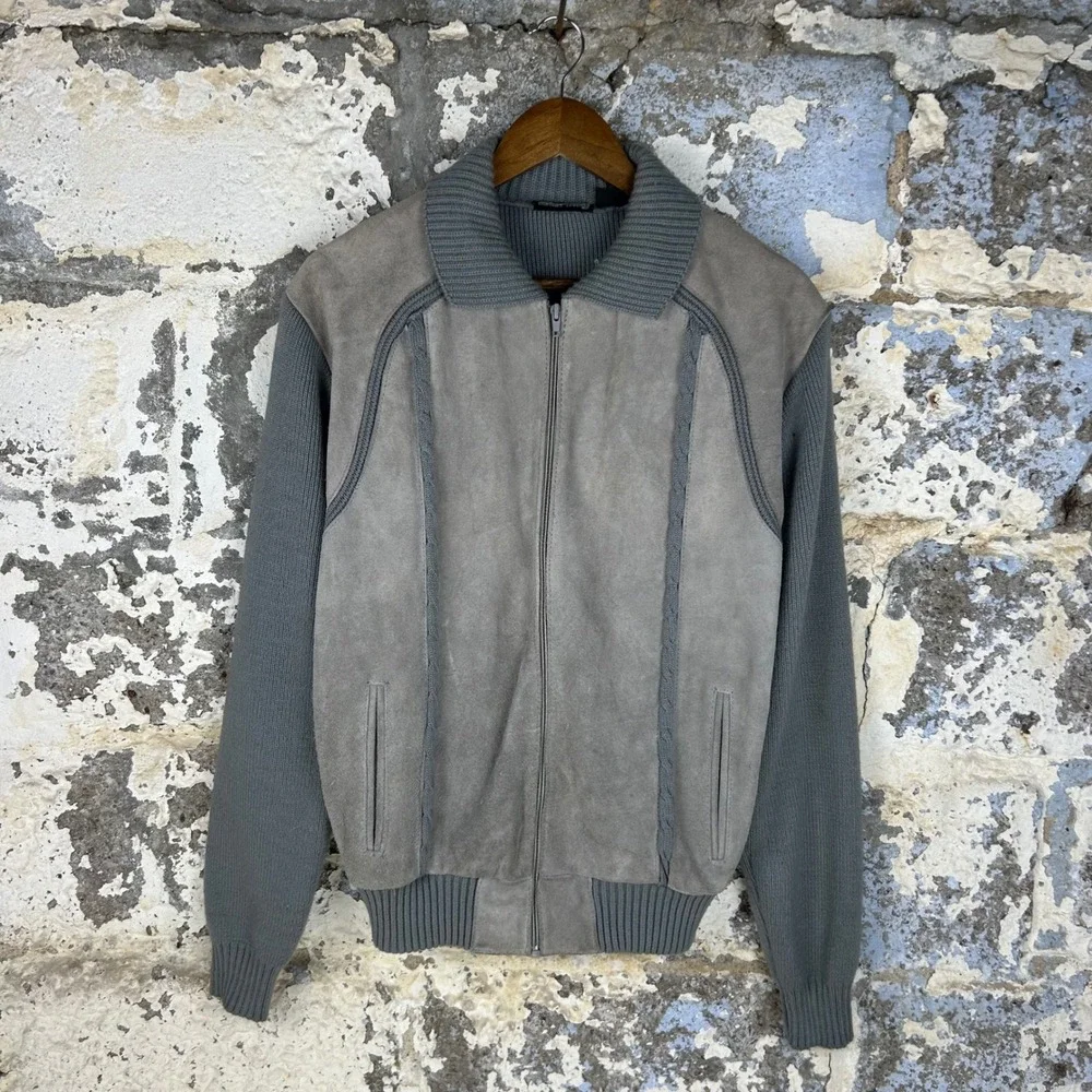 Vintage Coronet Casuals Suede Leather Knit Bomber Jacket Gray Mixed Media Mens L